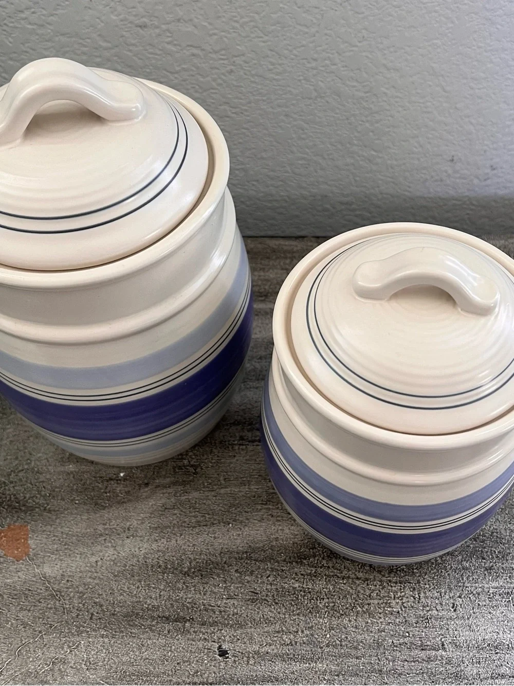 Pfaltzgraff Ceramic Stripe Canister Set of 2 Blue White with Lids 10.5